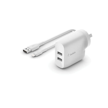Belkin BoostCharge Dual USB-A Wall Charger 24W + Lightning to USB-A Cable - White